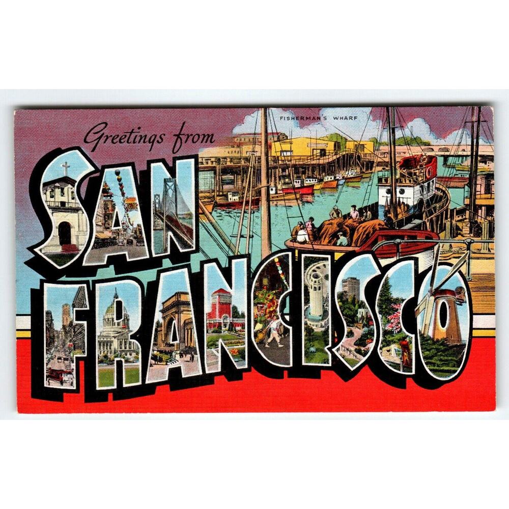 Greetings From San Francisco California Wharf 1940's Large Letter Linen Postcard